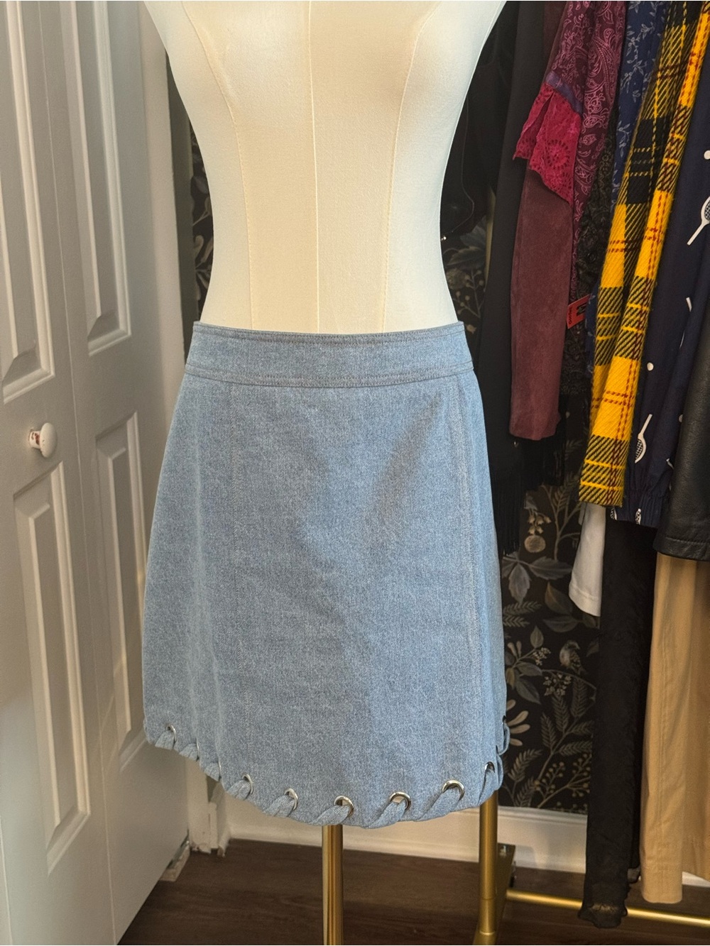 Veronica Beard Light Blue Denim A-Line Mini Skirt with Eyelet Hem